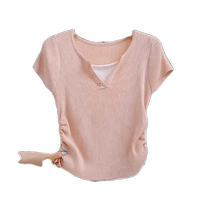 Pink ice silk knitted short-sleeved t-shirt for women summer new slim fit pleated waist pure desire top small shirt