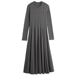 CHICVEN Contemplation Space Early Spring Round Neck Draped Knitted Dress with a Brushed Large Hem Long Skirt