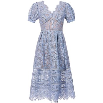 Spring new women's French retro classic eyelash lace lace V-neck high waist slim long full swing dress