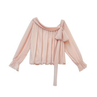 Mimizi is slightly chubby, plus size fat mm, talented in beautiful shoulders, unique bow, gentle and loose slanted shoulder top for women in autumn