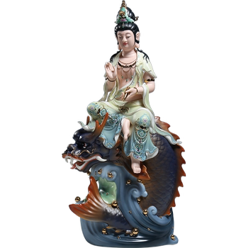 Chiang Chiang Ceramics 21inch Arowana Fish Guanyin Bodhisattva Statue Dehua Porcelain High-End Painted Artwork Zen Collectible Ornament
