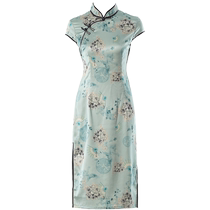 DPLAY Xia Xin Chinese style blue printed stand collar diagonal placket contrasting color disc button hem side slit cheongsam skirt