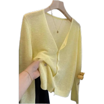 Yellow ice silk sunscreen knitted cardigan for women summer thin suspender top air conditioning blouse short shawl jacket