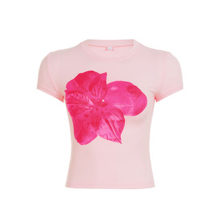 Weekeep niche resort-style pink floral print short-sleeved t-shirt for women, versatile slim-fit waisted crop top