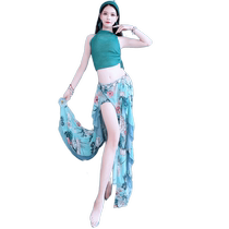 Belly Dance Clothing New Sleeveless Printed Intercolor Suit Oriental Dance Double Slit Long Skirt Suit Performance Practice Suit