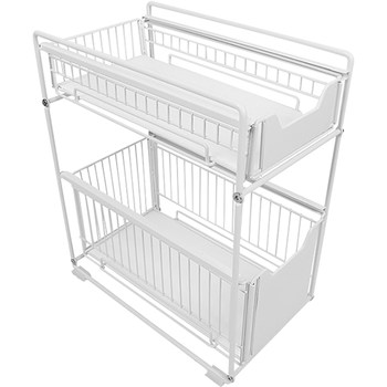 Bathroom cleaning supplies in cabinets and storage baskets