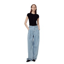 Fabrique Light Blue Pleated Raw Edge Contrast Color Pressed Washed Jeans Womens 2024 Summer New Product