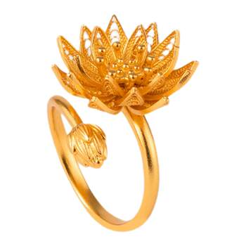Intangible cultural heritage filigree gilt lotus adjustable open silver ring