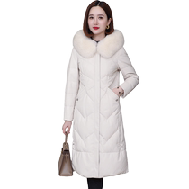2023 Winter New Haining Sheepskin Genuine Leather Down Jacket Womens Mid-Length Hooded Fox Fur Collar Young