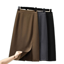 Suit skirt for women in autumn and winter high waist slit slimming A-line skirt temperament elastic waist mid-length skirt after commuting