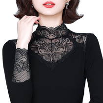 Black half turtleneck lace bottoming shirt for women in autumn and winter new style style inner shirt plus velvet thickened mom top