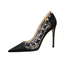 LilyWei black versatile high-end lace sexy high heels rivets breathable commuting shoes large size 41-43