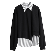 (Self-operated) ELLE black loose slimming pullover sweatshirt for women 2024 autumn new high-end striped top