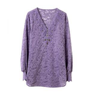 宝诗黎V领植绒镂空蕾丝衫2025秋季气质宽松大码休闲百搭打底衫女