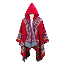 Winnie Lee red hooded shawl ethnic style blanket Qinghai Tibet travel wear cloak cloak jacket