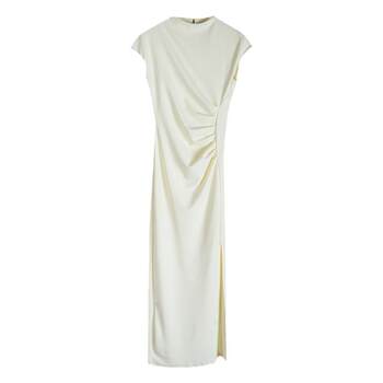 Ron high-end stand-up collar slim fit slit tea break dress 2024 summer style new pleated design waist long skirt t
