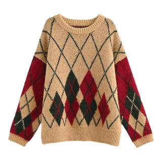 森女部落复古学院风菱格撞色圆领毛衣女2025新款秋宽松套头针织衫