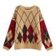 森女部落复古学院风菱格撞色圆领毛衣女2025新款秋宽松套头针织衫