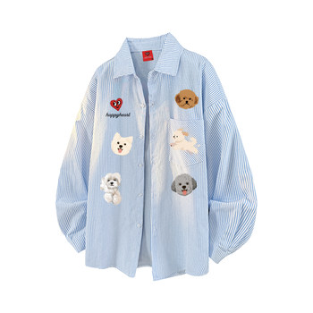 Charles heart puppy print striped long-sleeved shirt for men and women spring, autumn and summer thin new casual shirt jacket