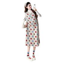Jingqi maternity wear autumn and winter 2024 new color polka dot knitted sweater vest dress bottoming shirt two-piece set