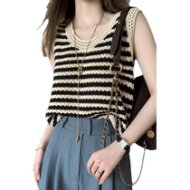 Hollow Striped Knitted Camisole Womens Casual Versatile Bottoming Shirt Summer Outerwear Loose Sleeveless Top