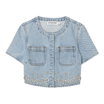 self-portrait 2024 spring and summer new light denim blue washed denim diamond round neck jacket top