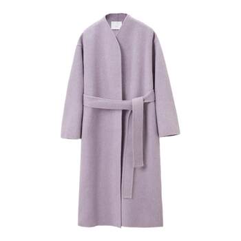 OVV秋冬新款女装杂花羊毛羊驼混纺随附腰带装饰长款大衣