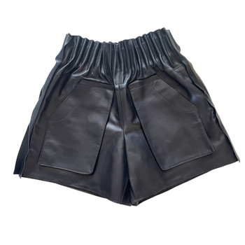 High waisted wide leg shorts genuine leather pants