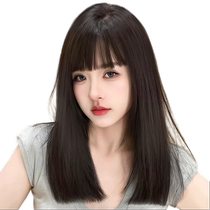 Wig female long hair full human hair invisible lace seamless natural comic bangs black long straight full headpiece wig set