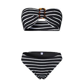 ins风黑白条复古抹胸分体性感比基尼单独黑短袖温泉海边度假泳衣