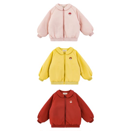 Young girl's mushroom embroidered logo doll lapel cotton coat winter light and fluffy warm fashionable childlike casual jacket