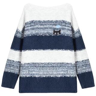 KEIKO 松弛感撞色条纹圆领毛衣25秋冬慵懒韩系宽松软糯绣花针织衫