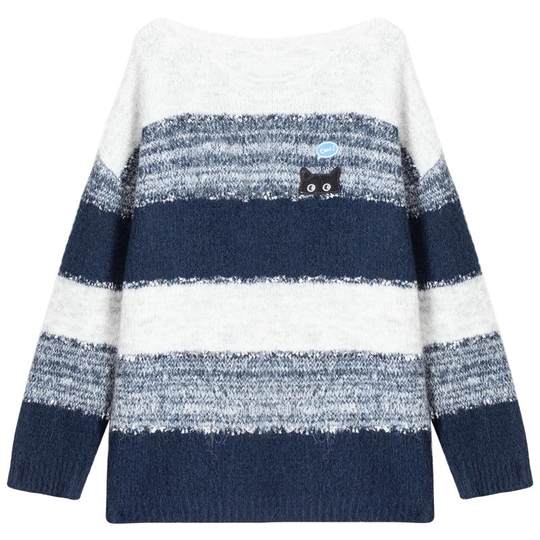 KEIKO relaxed contrasting color striped crew neck sweater 25 autumn and winter lazy Korean style loose soft waxy embroidered sweater