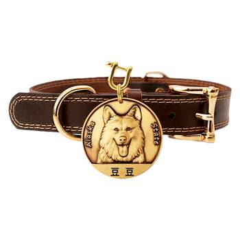 Genuine leather dog collar pure copper embossed dog tag customization