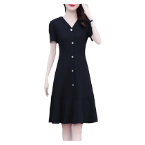 Black dress womens summer 2024 new v-neck small style slimming mid-length skirt