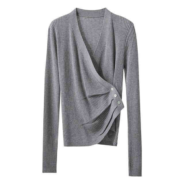 Amii2025 new autumn style commuter temperament V-neck asymmetric pleated wool sweater women's shell button pullover top