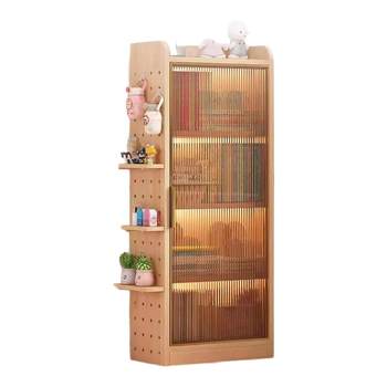 Solid wood bookshelf floor-standing storage rack with perforated board children's integrated wall-mounted multi-layer bookcase display dust-proof storage cabinet