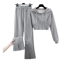 Tide card Even cap zipped sweater suit woman spring autumn Korean version 100 hitch small sub loose grey casual pants two-piece set