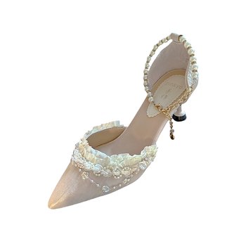 PINKYO Original Elegant Retro High Heels Women's 2024 Autumn and Winter New Light Champagne Color Beaded Pointed Toe Shoes