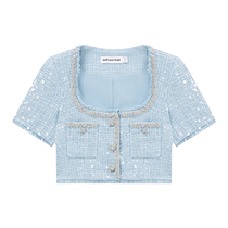 self-portrait 2024 early spring mist blue square collar Lurex sequined exquisite short-sleeved crop top