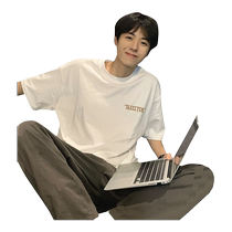 White letter printed short-sleeved T-shirt for men summer thin breathable round neck top trendy brand casual cotton half-sleeve