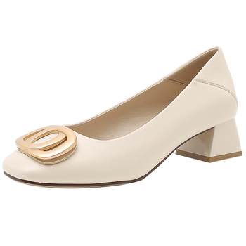 Dadong pumps ຮູບແບບໃຫມ່ຂອງແມ່ຍິງ elegant temperament square toe square buckle single shoes thick heel women's shoes 0010