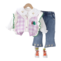 Jingqi baby spring cardigan sweater three-piece set 2024 new girls spring and autumn childrens clothing girls western style suit