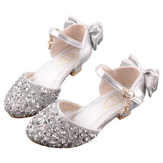 Girls high-heeled princess shoes model catwalk performance leather shoes silver with children's dress skirt shiny stage crystal shoes