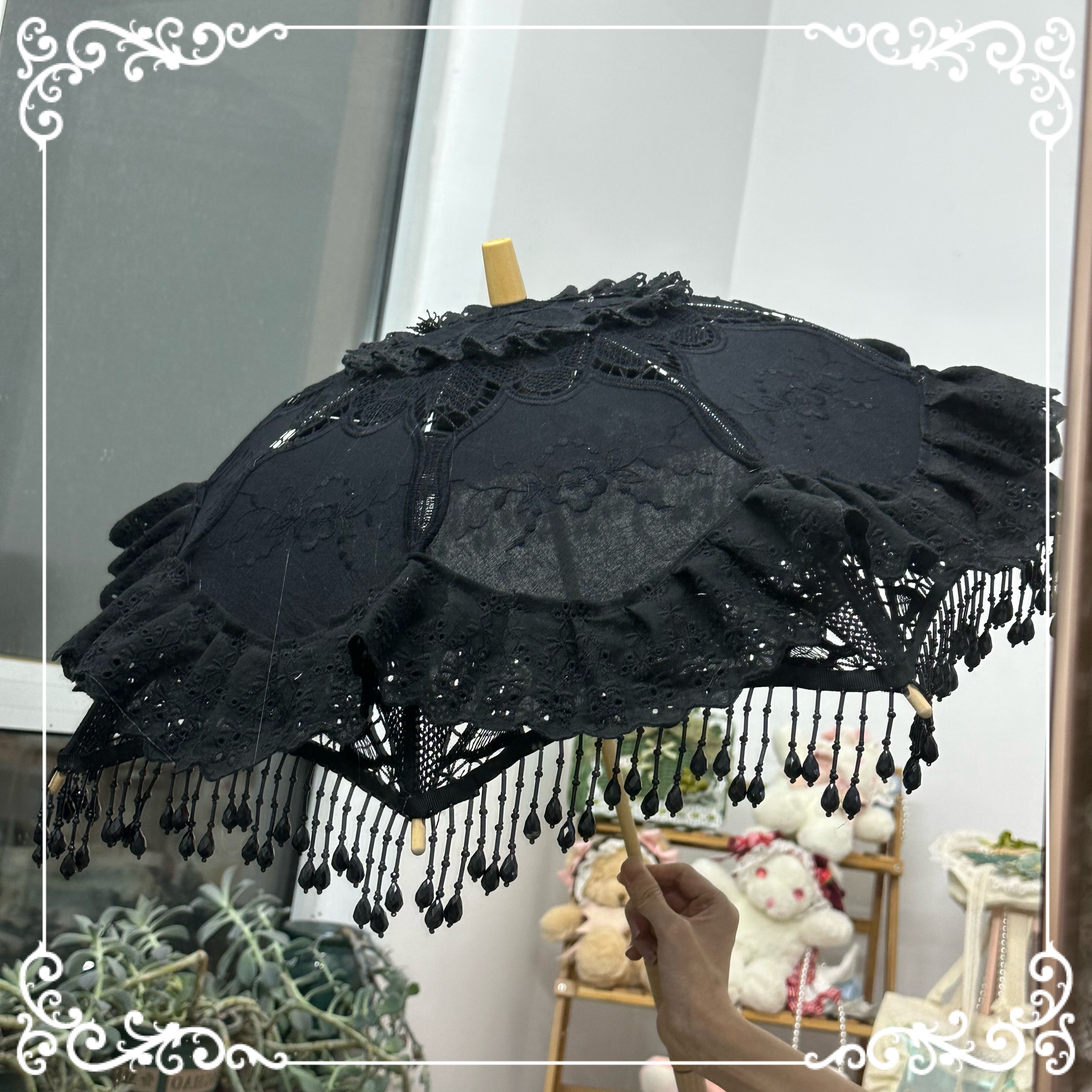 DIY Lolita Dark Gothic Style Handmade Umbrella with Tassels and Beads