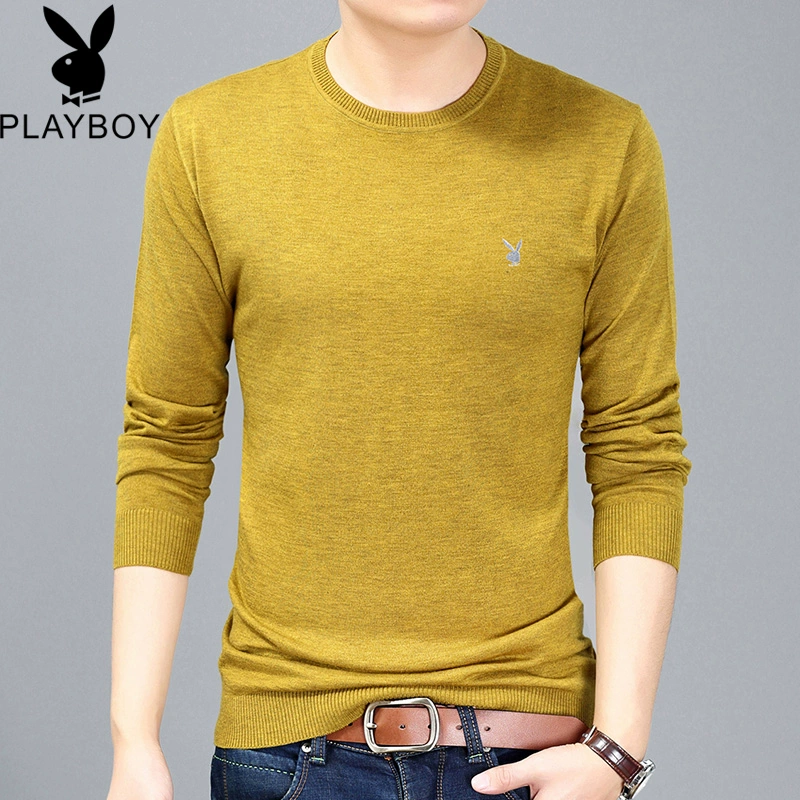 . Áo len nam cổ điển Playboy Áo len cổ tròn Áo len mỏng Màu cơ bản Slim Áo len dệt kim nam - Áo len