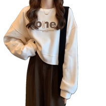 Letter printed short loose sweatshirt for women in spring and autumn new style age-reducing high-waisted slimming versatile long-sleeved top