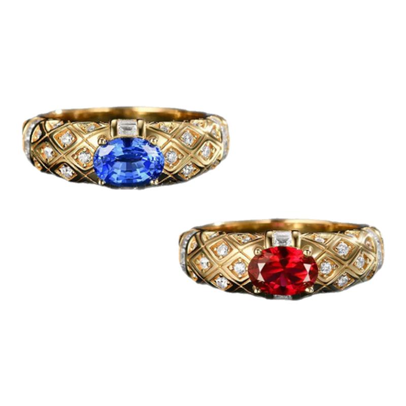 NITIN HUANG Lvjia same style cultured ruby 1 carat egg-shaped plaid ring 925 sterling silver plated with real gold