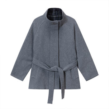 大象和长颈鹿 时髦有型 灰色毛呢拼格纹立领大衣外套 410203