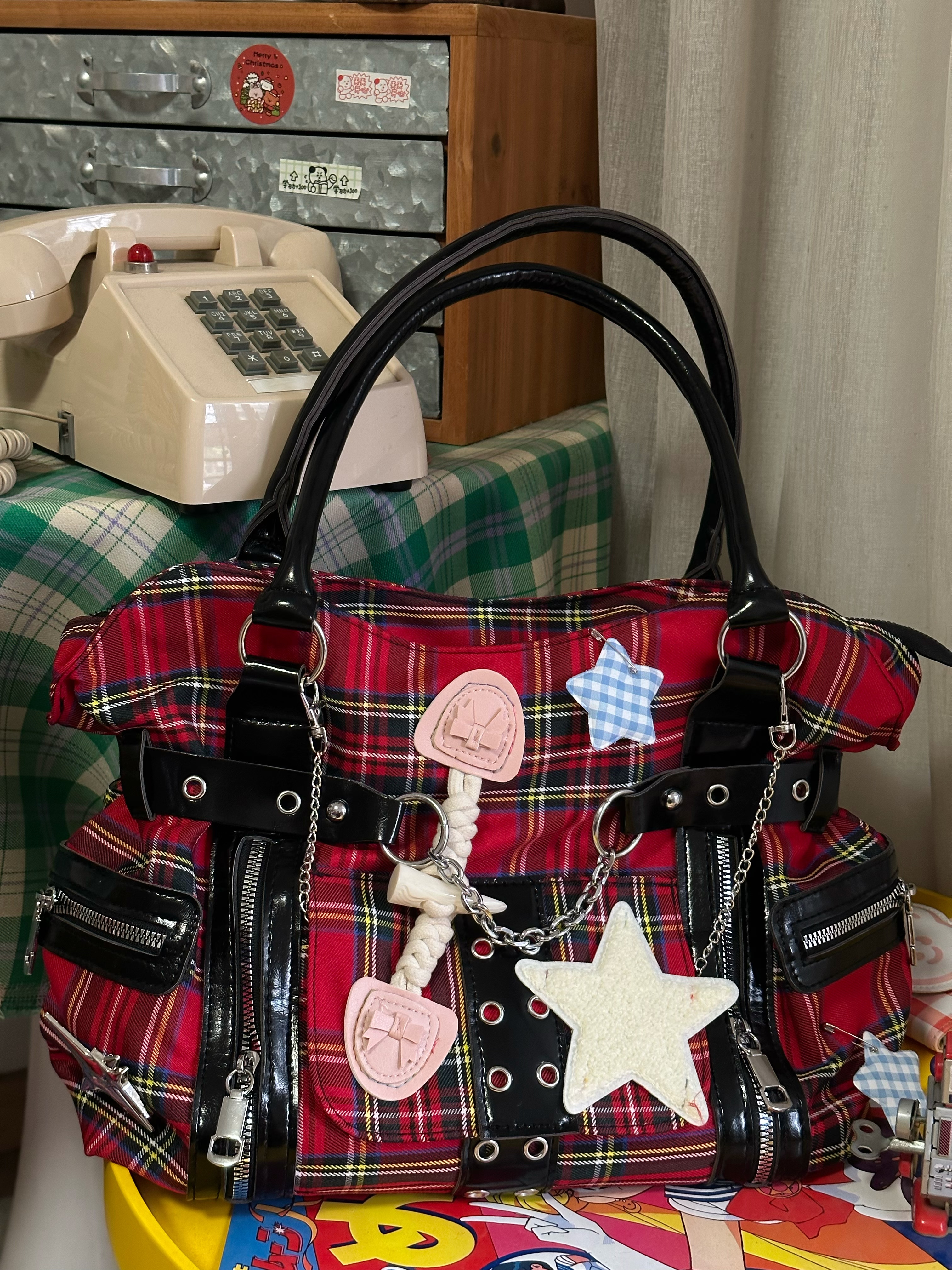 Old Shi's General Store Original Design Spicy Girl Style Large Capacity Shoulder Bag Retro Red Plaid Handbag Tote Bag Women's Bag